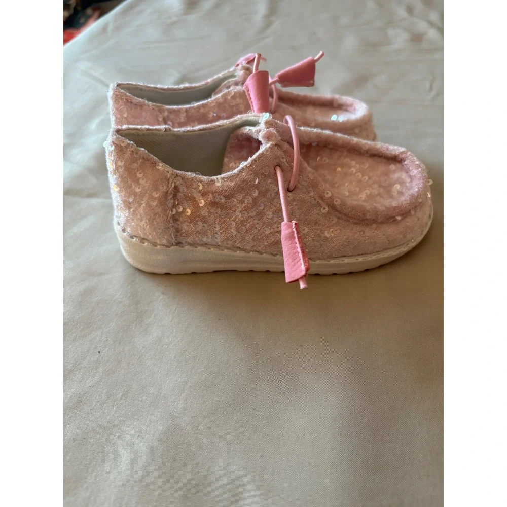 Kids Pink Sequin Moccasin Loafers Sparkly Slip On Shoes EU 26 US 9.5 Toddler